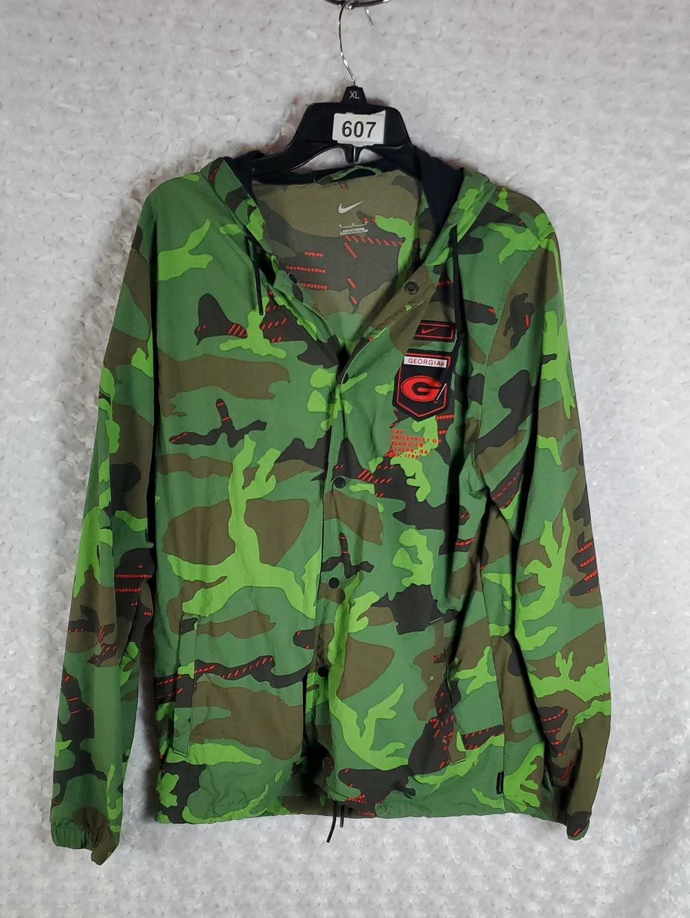 Nike Green Camo Hooded Windbreaker with Red Accents Size L
